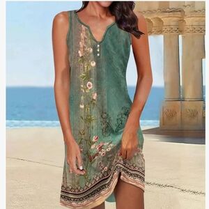 Casual Floral Print Sleeveless Sun Dress in Green and Beige - NWOT